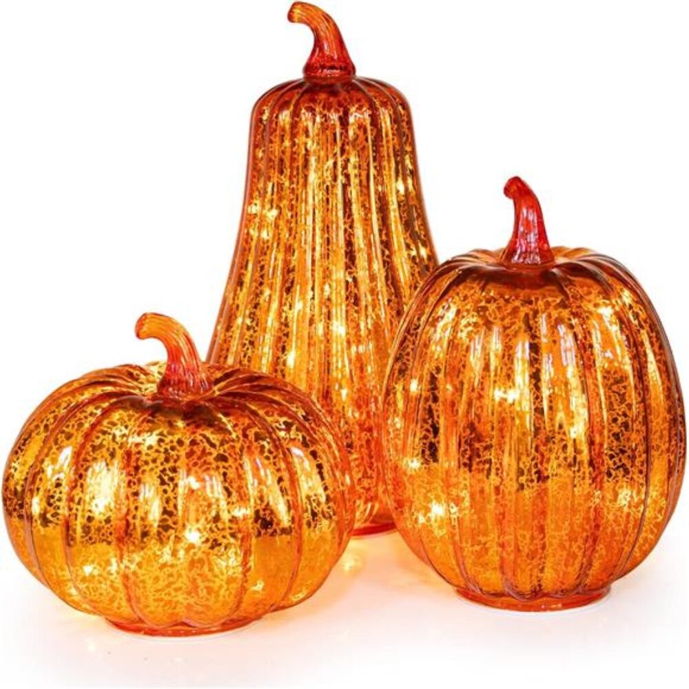 KI Store Glass Pumpkin‎ with Lights and Timer Set of 3 10.8-Inch 8.5-Inch
